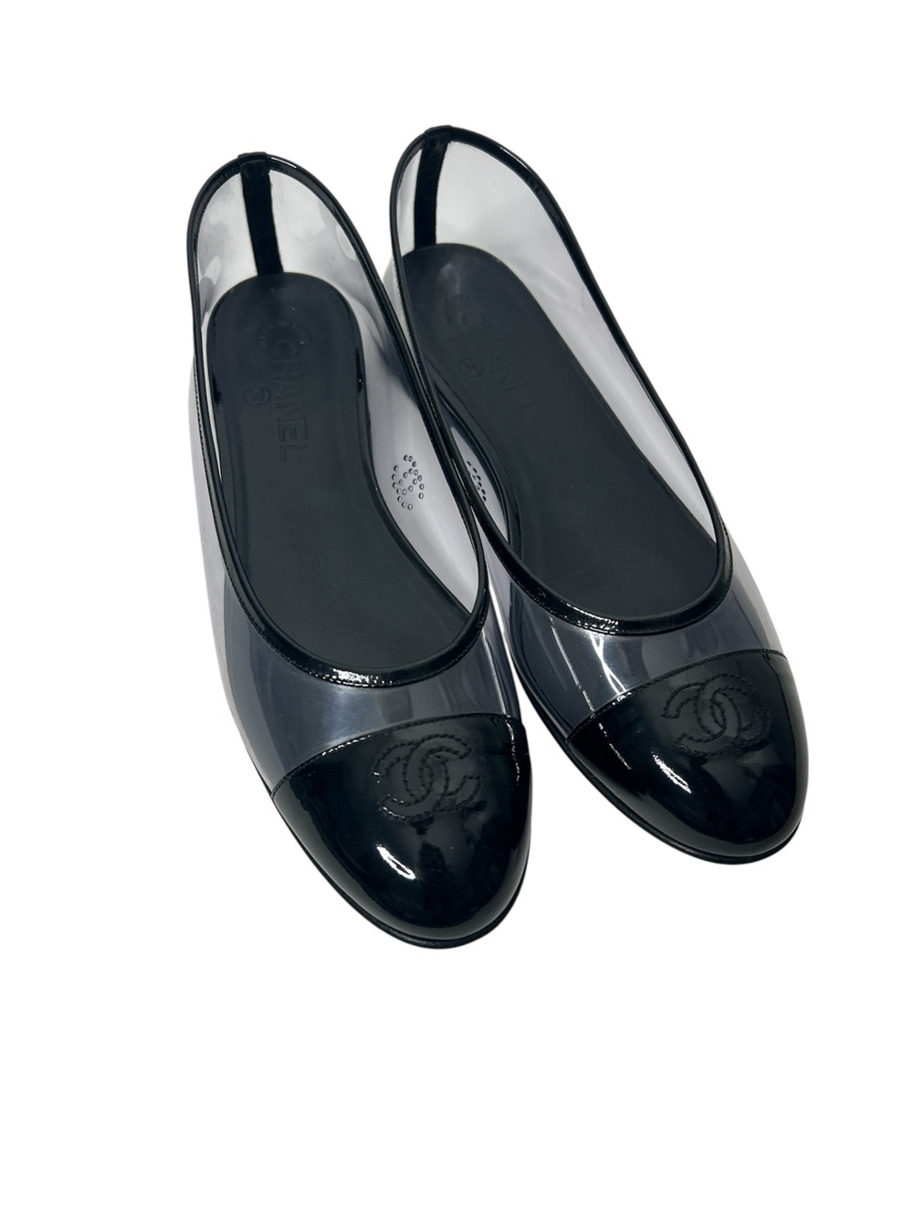 CHANEL Black Clear PVC Cap-Toe Logo Ballet Flats